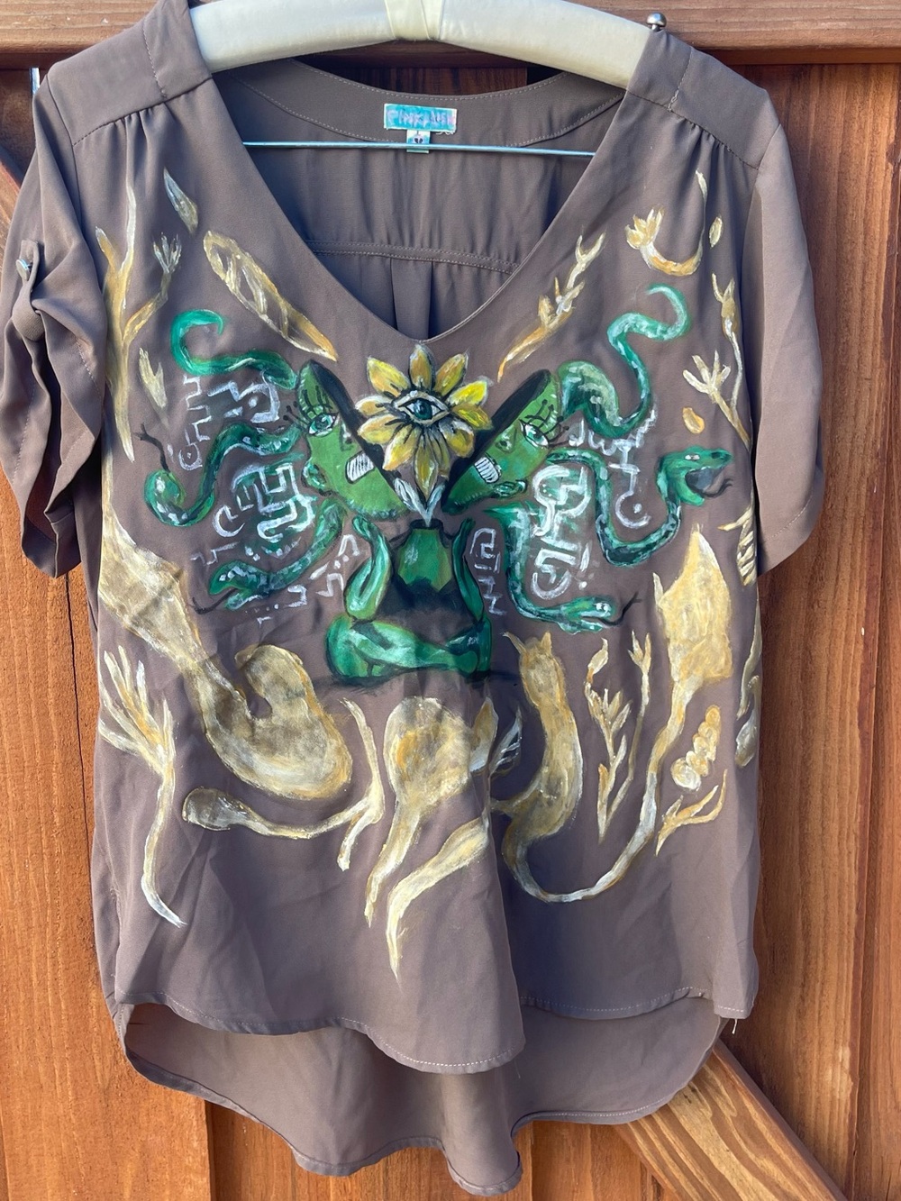 Hand-Painted Blouse Shirt Third Eye Alien Art Artsy Artist Snake V neck Women